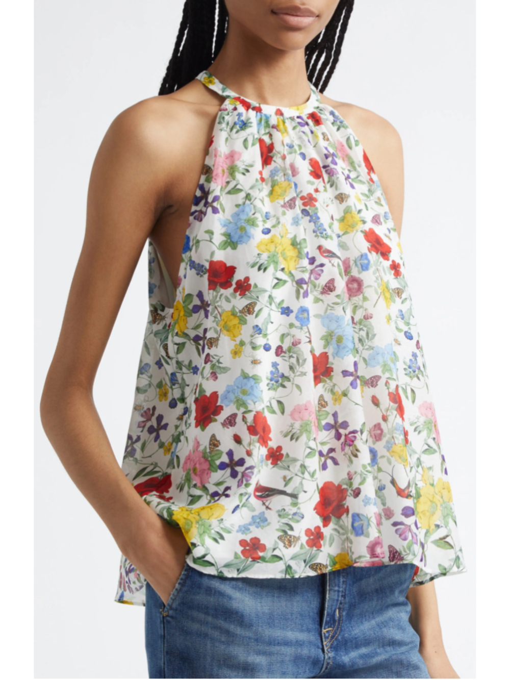 Alice and Olivia Floral Print Halter Neck Blouse, Size S, White Multi-color